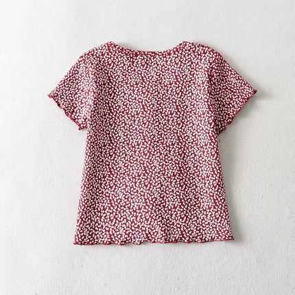 Women Scoop Neck Button down Floral Print Crop Tee Short Sleeve Floral Printed Crop Top For Women Summer Fashion