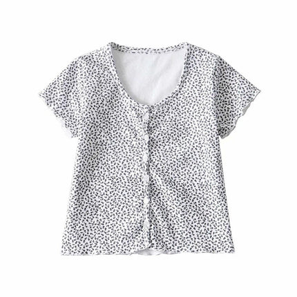 Women Scoop Neck Button down Floral Print Crop Tee Short Sleeve Floral Printed Crop Top For Women Summer Fashion