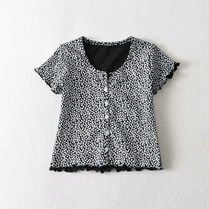 Women Scoop Neck Button down Floral Print Crop Tee Short Sleeve Floral Printed Crop Top For Women Summer Fashion