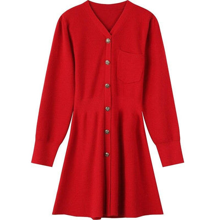 Solid Pure High Waist Casual Knit Women Mini Dress,Spring ELF Vintage Chic Button Korean Female Party Dresses