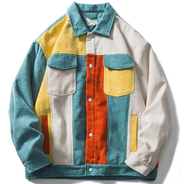 Jacket Men Color Block Patchwork Baggy Coat Men Vintage Harajuku Fashion College Style Outwear Autumn Streetwear Couple