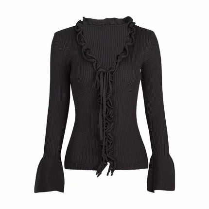 Fall New Arrival Slim V-Neck Ruffle Women Buttons Sweater Elastic Flare Sleeve Knitted Cardigans Long Sleeve Tops