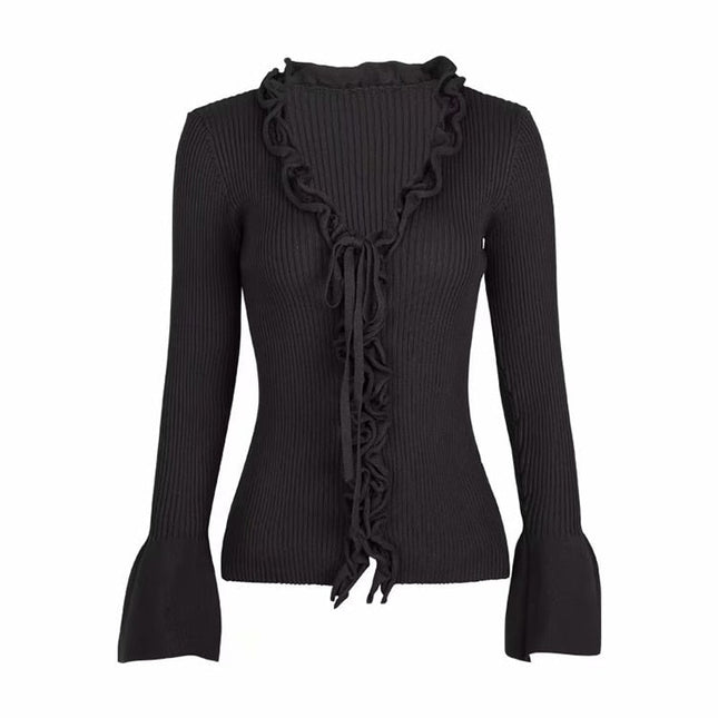 Fall New Arrival Slim V-Neck Ruffle Women Buttons Sweater Elastic Flare Sleeve Knitted Cardigans Long Sleeve Tops