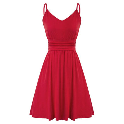 Women Dress Spaghetti Straps V-Neck Pleated Waist A-Line Dresses Solid Color Mini Cotton Dresses Leisure Sweet Clothes