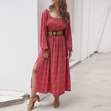 Women Side Split Dress Square Neck Long Sleeve Smock Waist Casual Party Vacation Holiday Boho Swing Print Floral Dresses Fall
