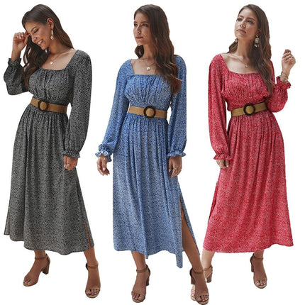 Women Side Split Dress Square Neck Long Sleeve Smock Waist Casual Party Vacation Holiday Boho Swing Print Floral Dresses Fall