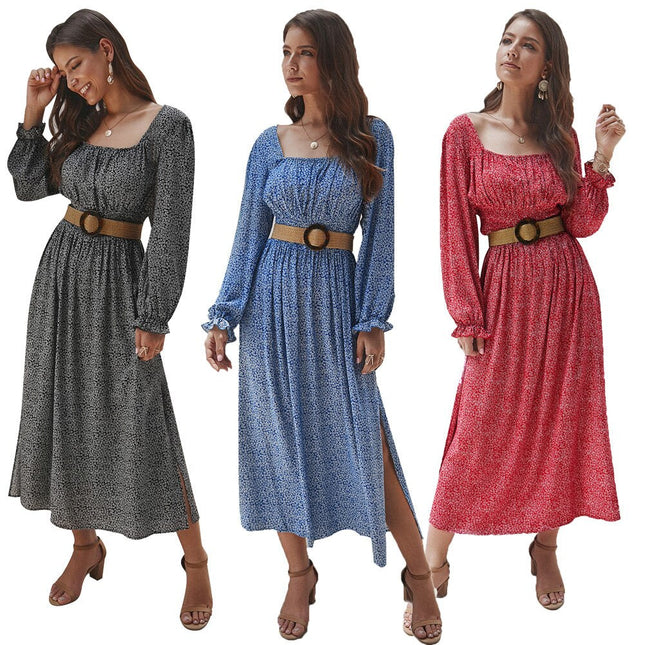 Women Side Split Dress Square Neck Long Sleeve Smock Waist Casual Party Vacation Holiday Boho Swing Print Floral Dresses Fall