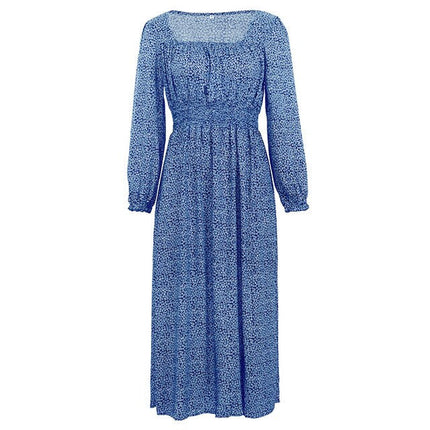 Women Side Split Dress Square Neck Long Sleeve Smock Waist Casual Party Vacation Holiday Boho Swing Print Floral Dresses Fall