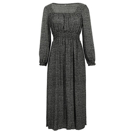 Women Side Split Dress Square Neck Long Sleeve Smock Waist Casual Party Vacation Holiday Boho Swing Print Floral Dresses Fall